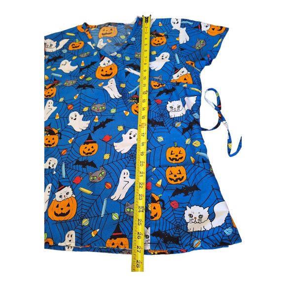 Halloween Scrub Top faux wrap tie back kittens jack o lanterns ghosts size Large - Picture 5 of 6